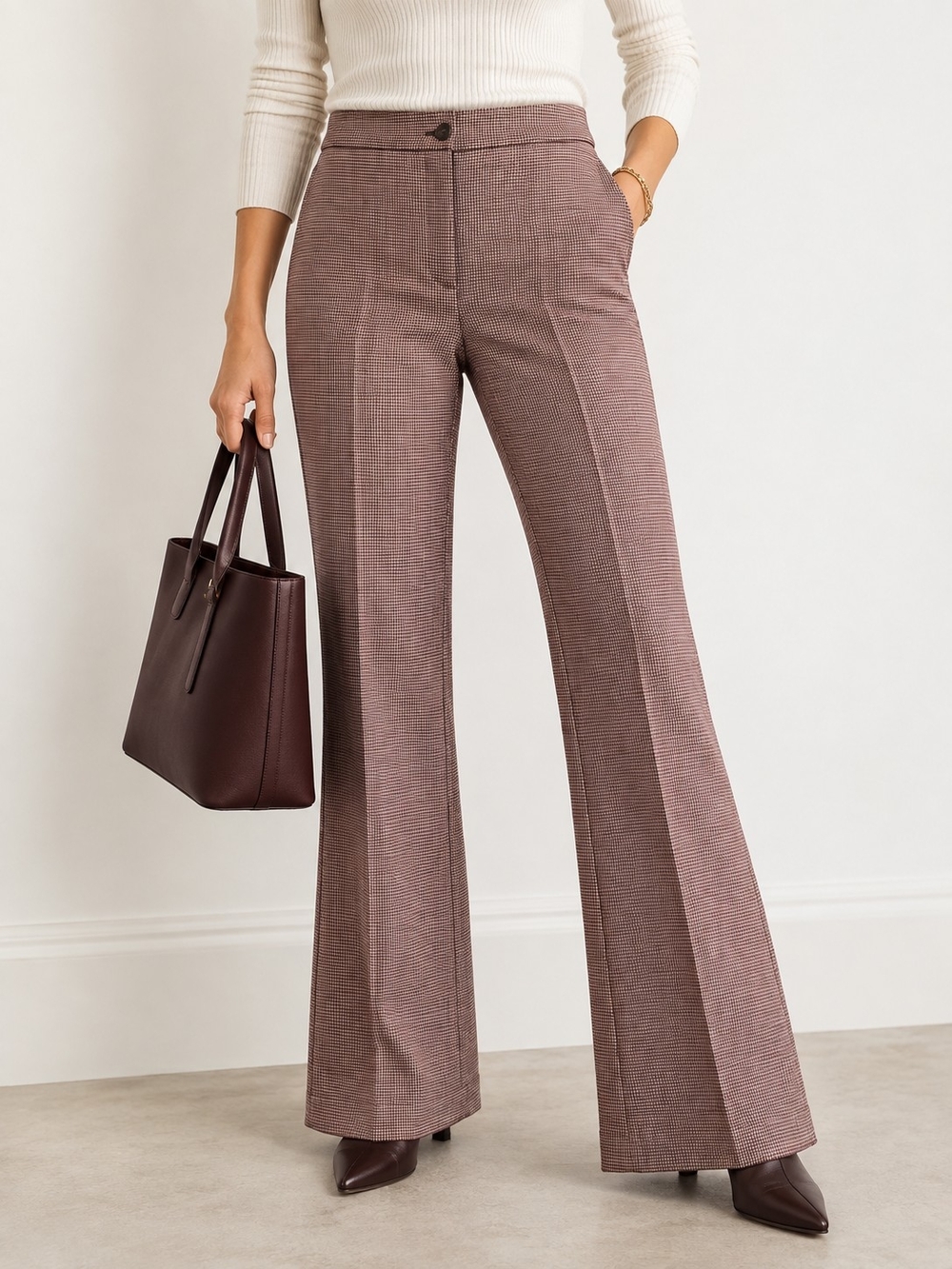 Ann Taylor NWT Burgundy Ivory Houndstooth High Rise Flare Pants 8P Work Office